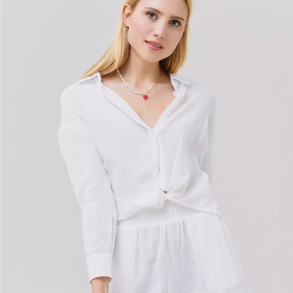 $128 New Monrow White Cotton Gauze Button Down Small